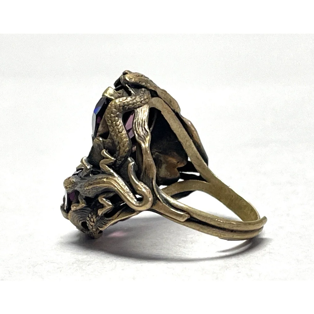 OOAK Vintage Dragon Lizard Adjustable Ring Bronze Purple Faceted Glass Size 6.5